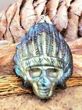 Natural Labradorite Chief Skull Pendant Necklace